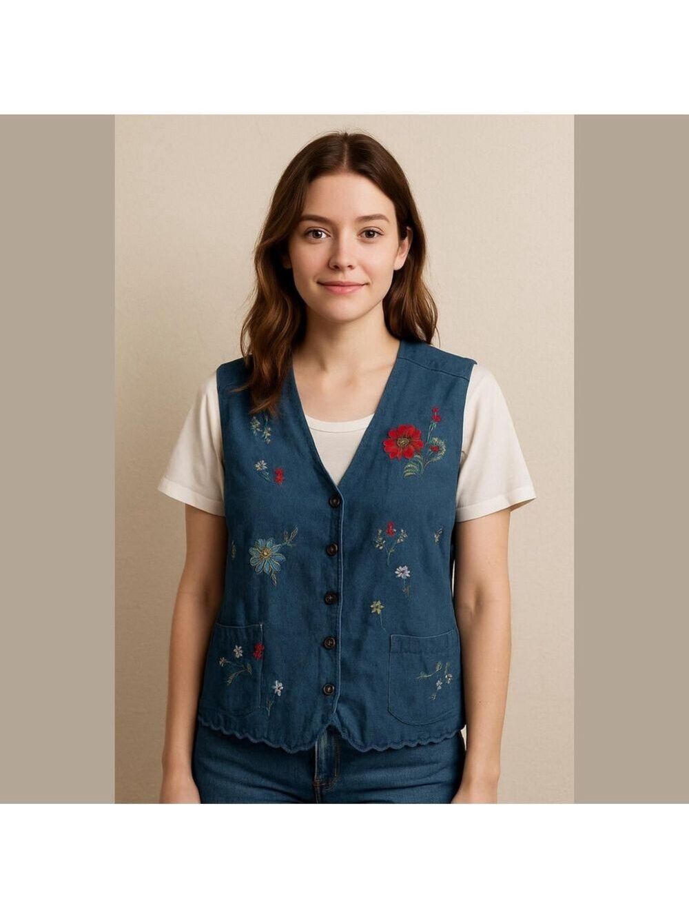 Vintage embroidered floral denim vest with attached shirt cottagecore grandma